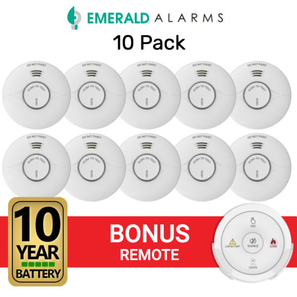 Emerald Wireless Interconnected Photoelectric Smoke Alarm - 10 Pack + Bonus Remote