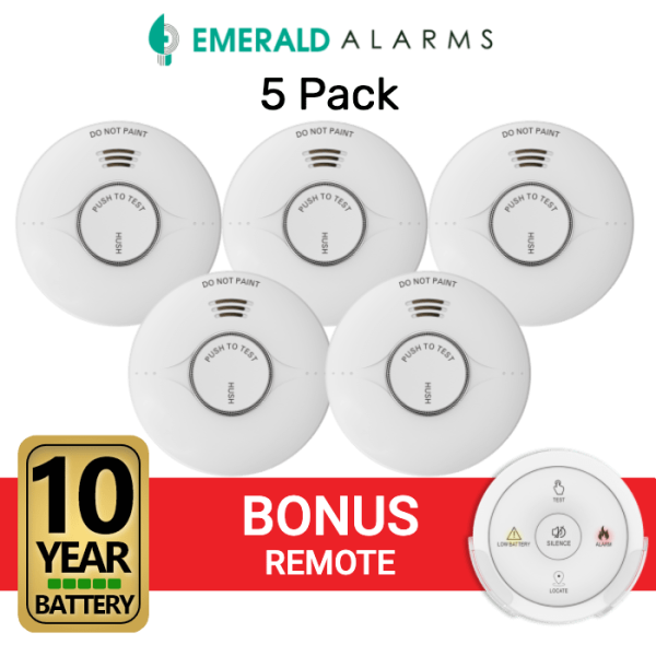 Emerald Wireless Interconnected Photoelectric Smoke Alarm - 5 Pack + Bonus Remote