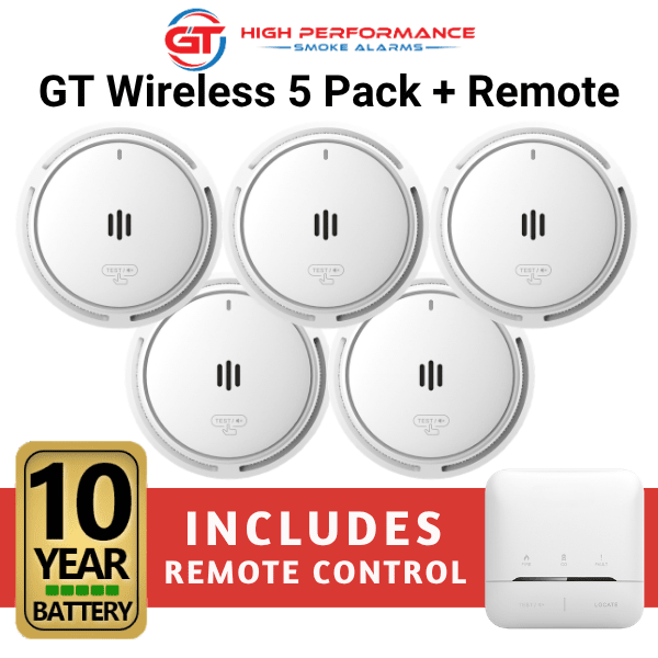 GT Smoke Alarms - Wireless Smoke Alarm 5 Pack with Remote
