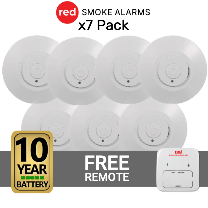 Red Smoke Alarms - Photoelectric Smoke Alarm - 7 Pack + Free Remote