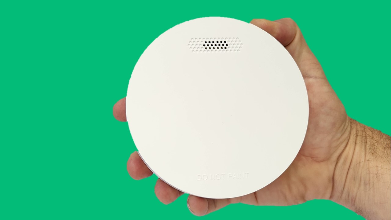ZEN photoelectric smoke alarm - hand holding with green background