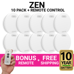 ZEN Smoke Alarms - 10 Pack Bundle with Bonus Remote and 10 Year Battery
