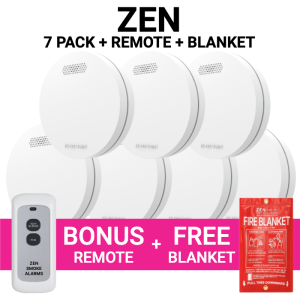 ZEN Photoelectric Smoke Alarm 7 Pack + Bonus Remote & Free Fire Blanket